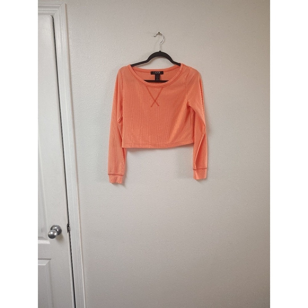Sugar Womens Peach Coral Orange‎ Long Sleeve Waffle Knit Crop Top Shirt Medium